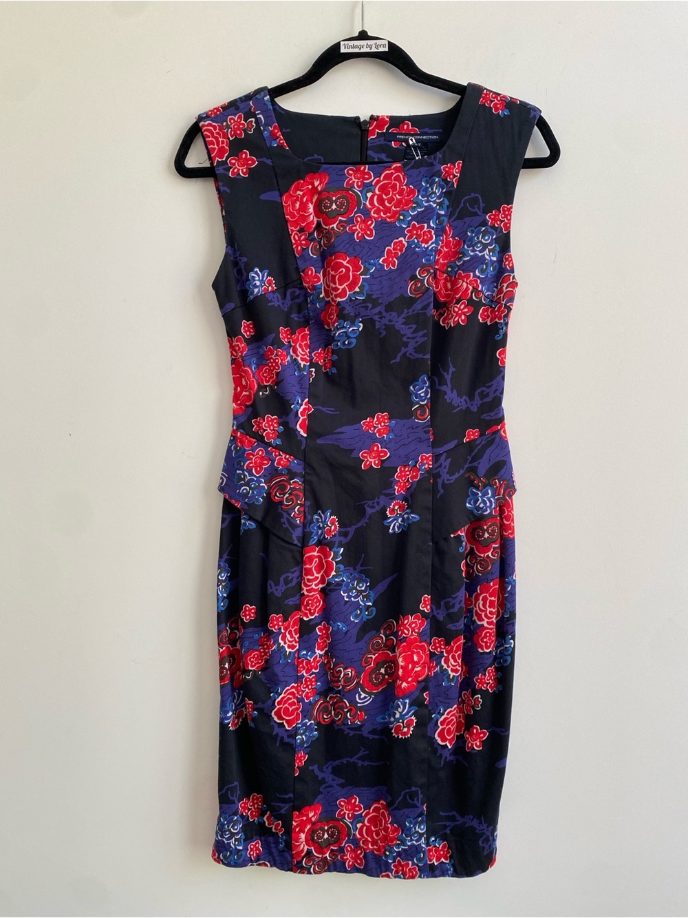 French Connection Black Midi Dress with Red & Purple Floral Print